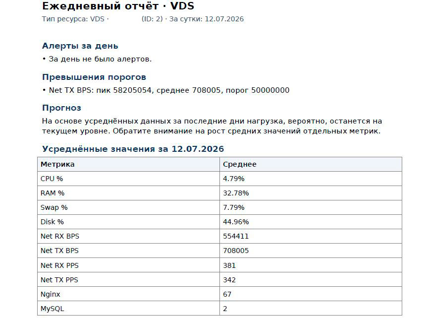 PDF-отчёт VDS — алерты, пороги и средние метрики